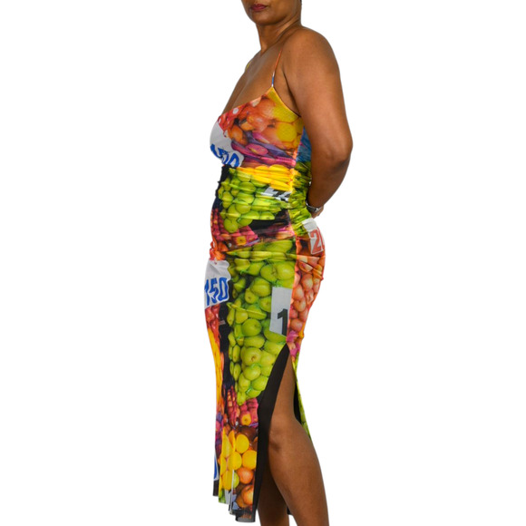 Zara Fruit Market Dress Black Multi Photorealistic Print Slip Midi Column Small - Picture 6 of 14